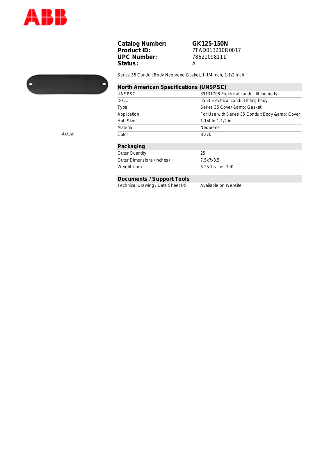 Thomas & Betts GK125-150N Data Sheet