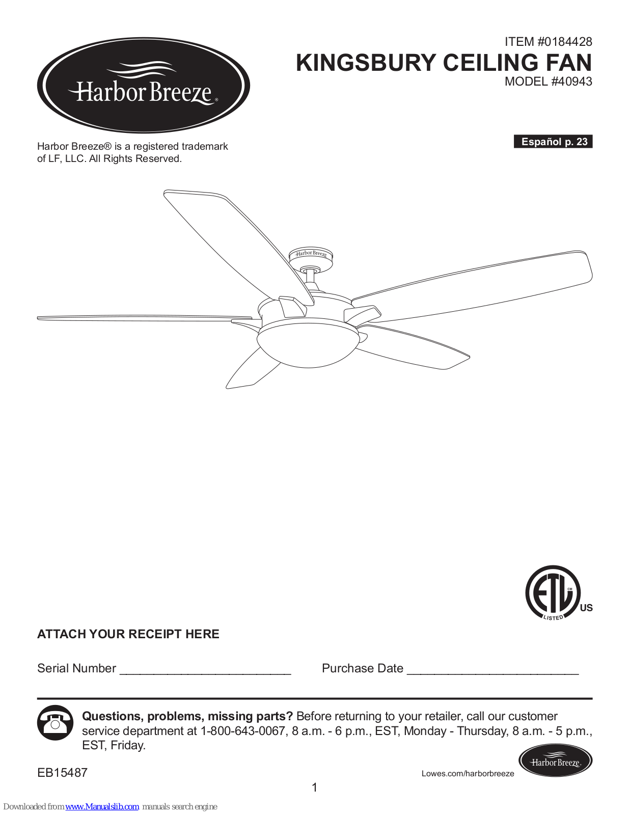 Harbor Breeze 40943 User Manual