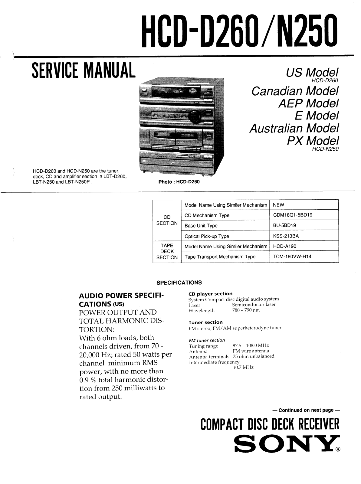 Sony HCD D260, HCD N250 Service Manual