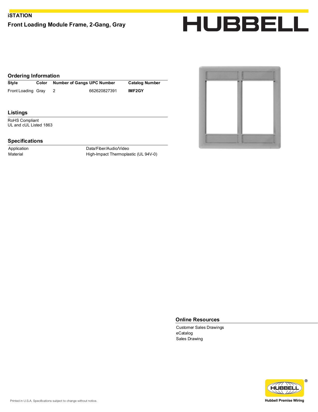 Hubbell IMF2GY Specifications