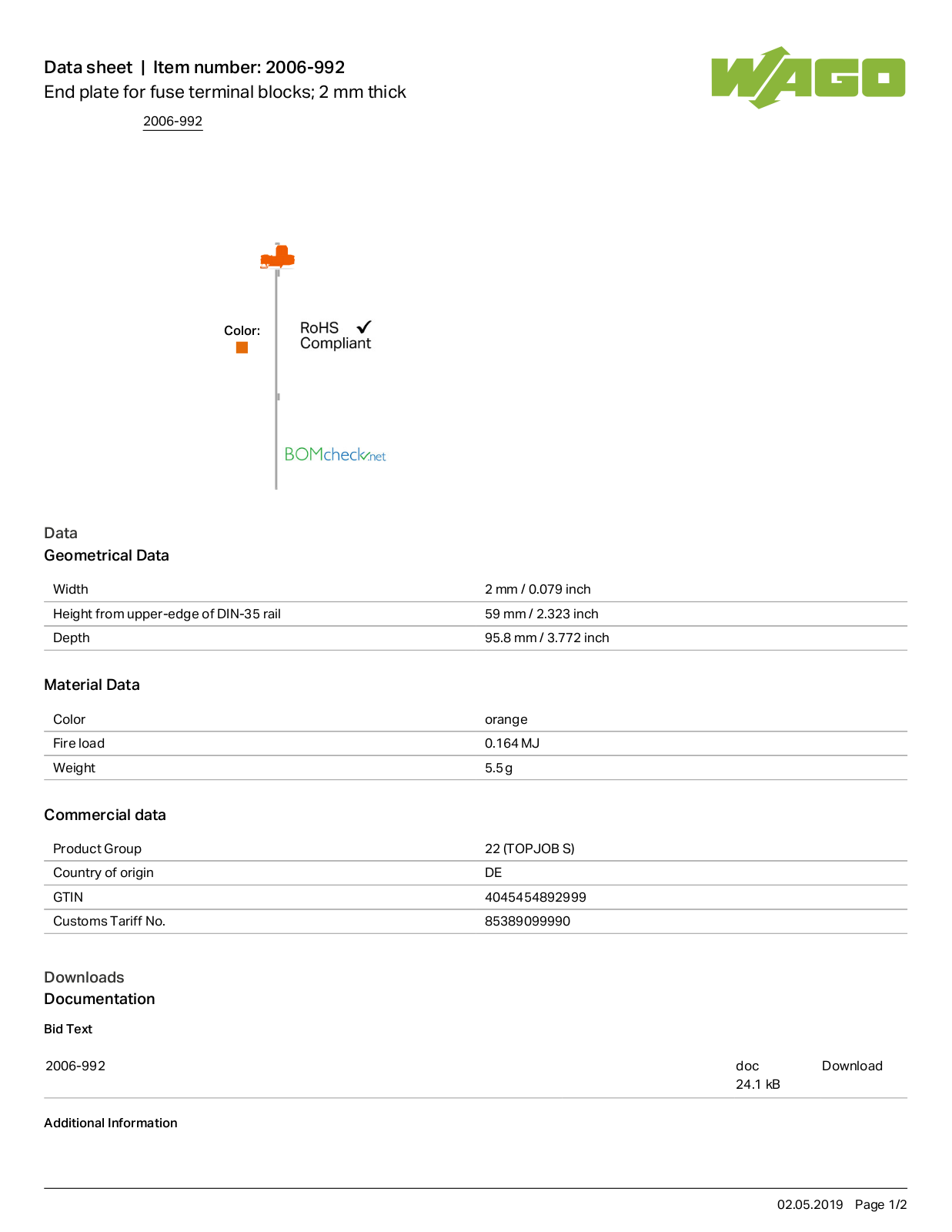 Wago 2006-992 Data Sheet