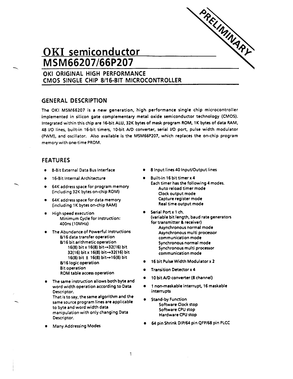 OKI MSM66207, MSM66P207 Datasheet