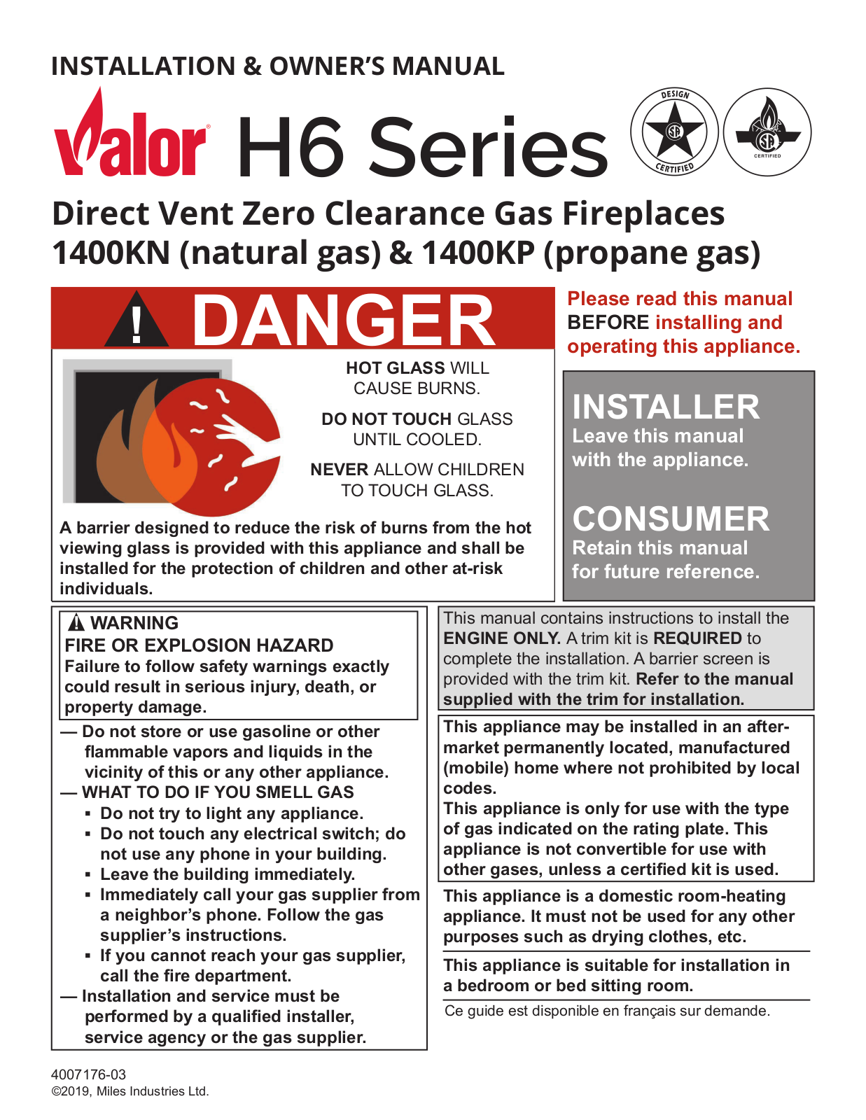 Valor H6 Series, H6 1400KN, H6 1400KP Installation And Owner's Manual