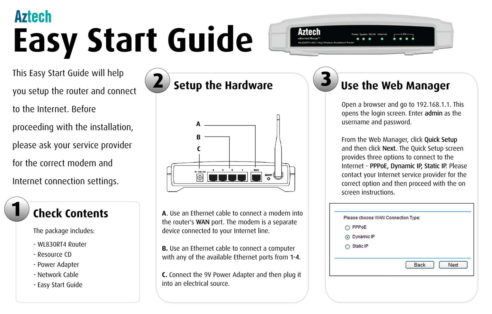 Aztech WL830RT4 Start Guide