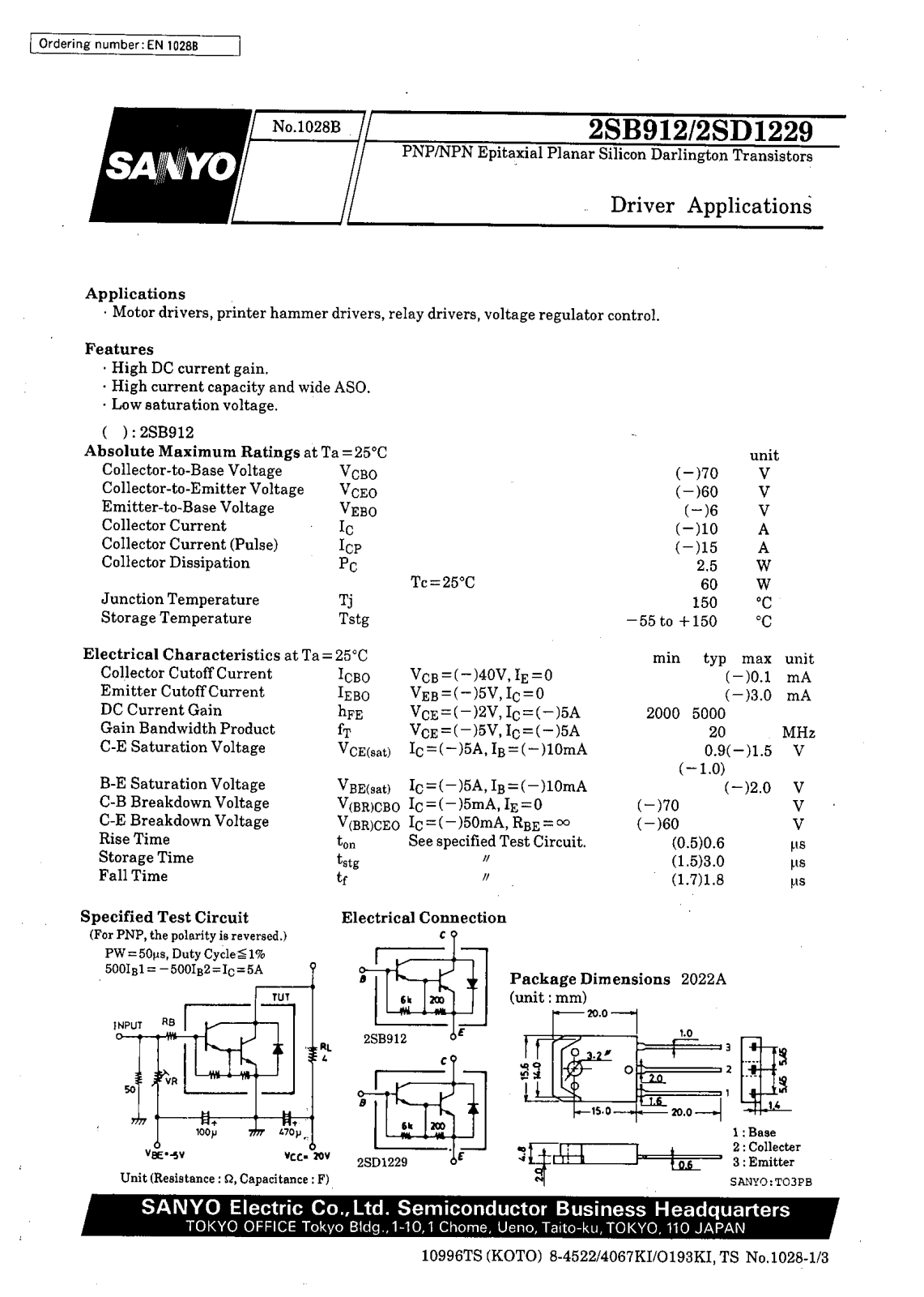 SANYO 2SD1229, 2SB912 Datasheet