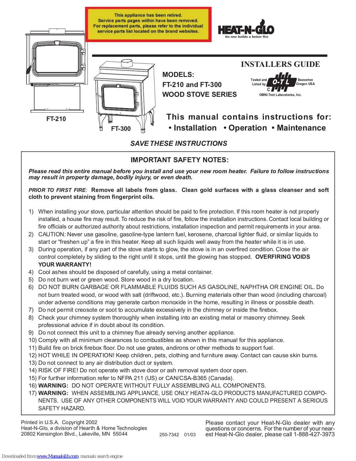 Heat-N-Glo FT-210, FT-300 Instruction