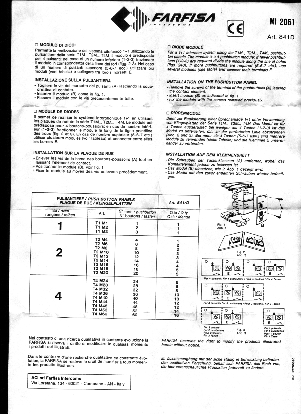 Farfisa 841D User Manual