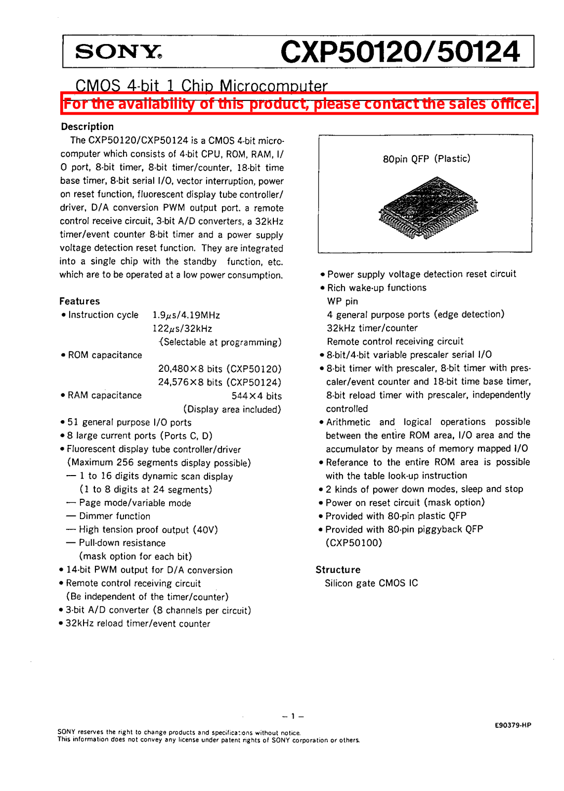 Sony CXP50124, CXP50120 Datasheet