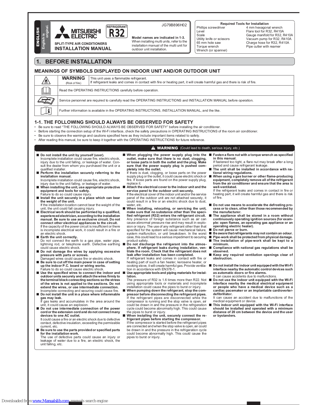 Mitsubishi MSZ-LN18VG, MSZ-LN35VG, MSZ-LN25VG, MSZ-LN60VG, MSZ-LN50VG Installation Manual