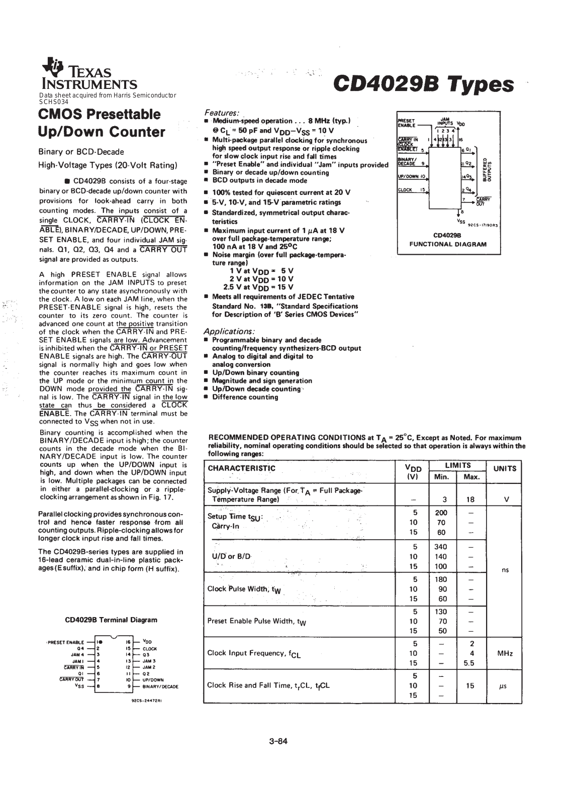 Datasheet CD4029BF3A, CD4029BF, CD4029BE, CD4029BPWR, CD4029BPW Datasheet (Texas Instruments) - ManualMachine.com