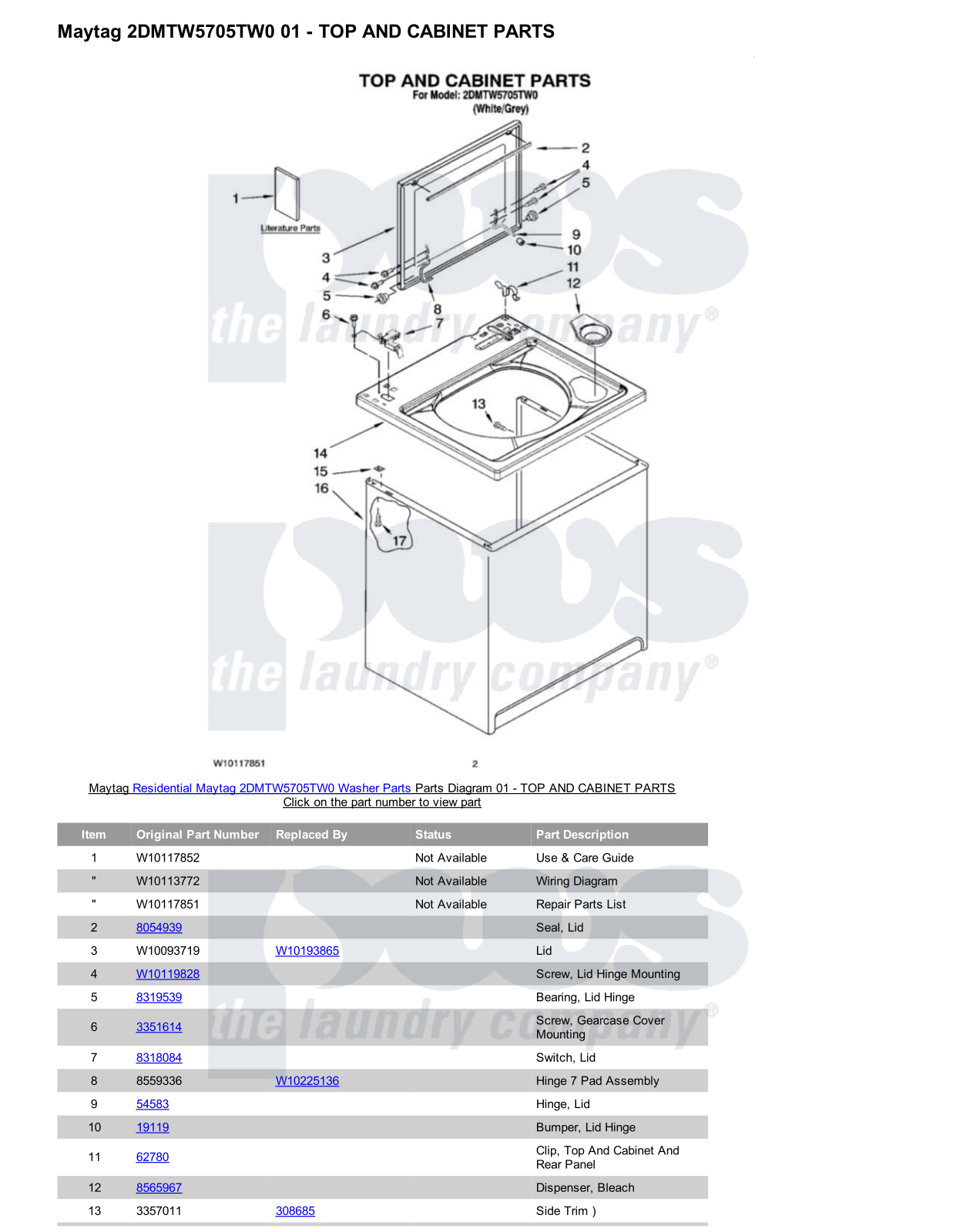 Maytag 2DMTW5705TW0 Parts Diagram