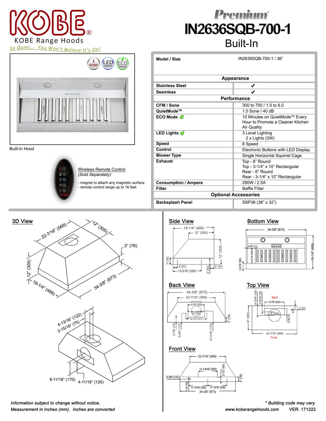 Kobe IN2636SQB7001 Specifications