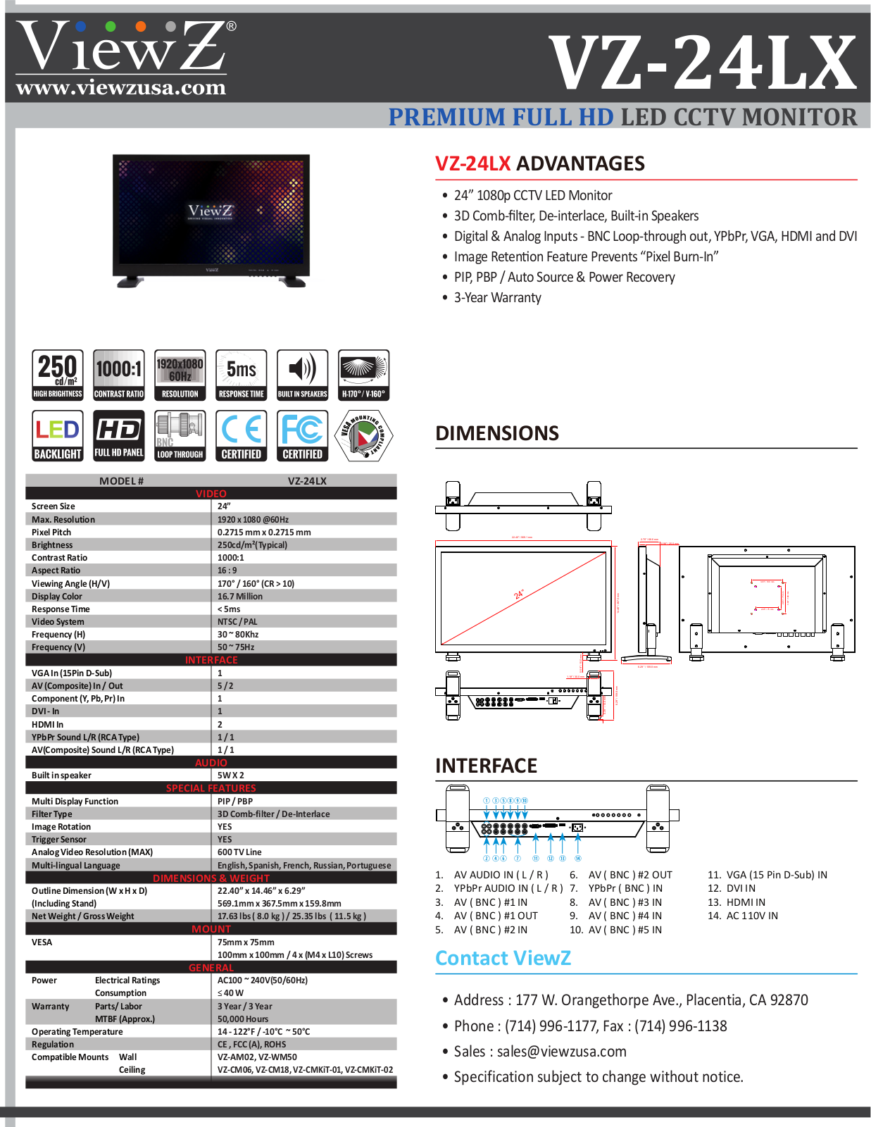 ViewZ VZ-24LX Specsheet