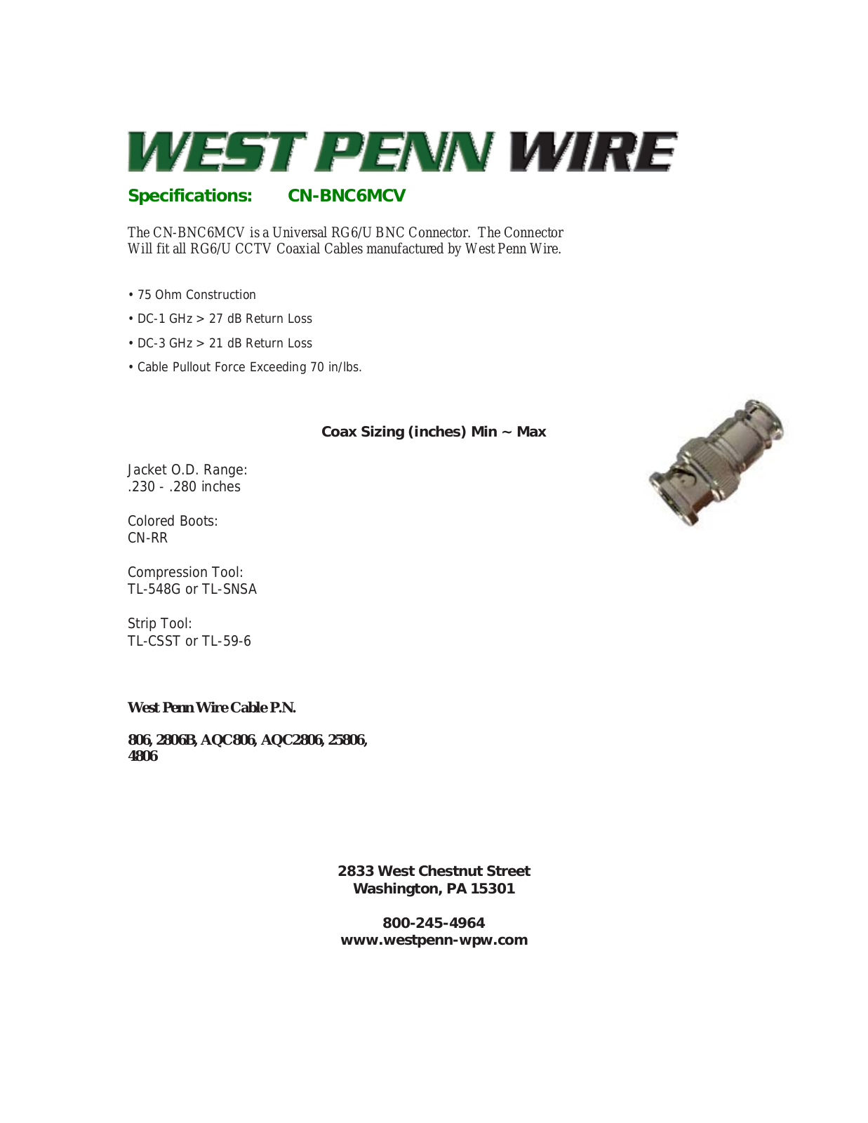 West Penn CN-BNC6MCV Specsheet