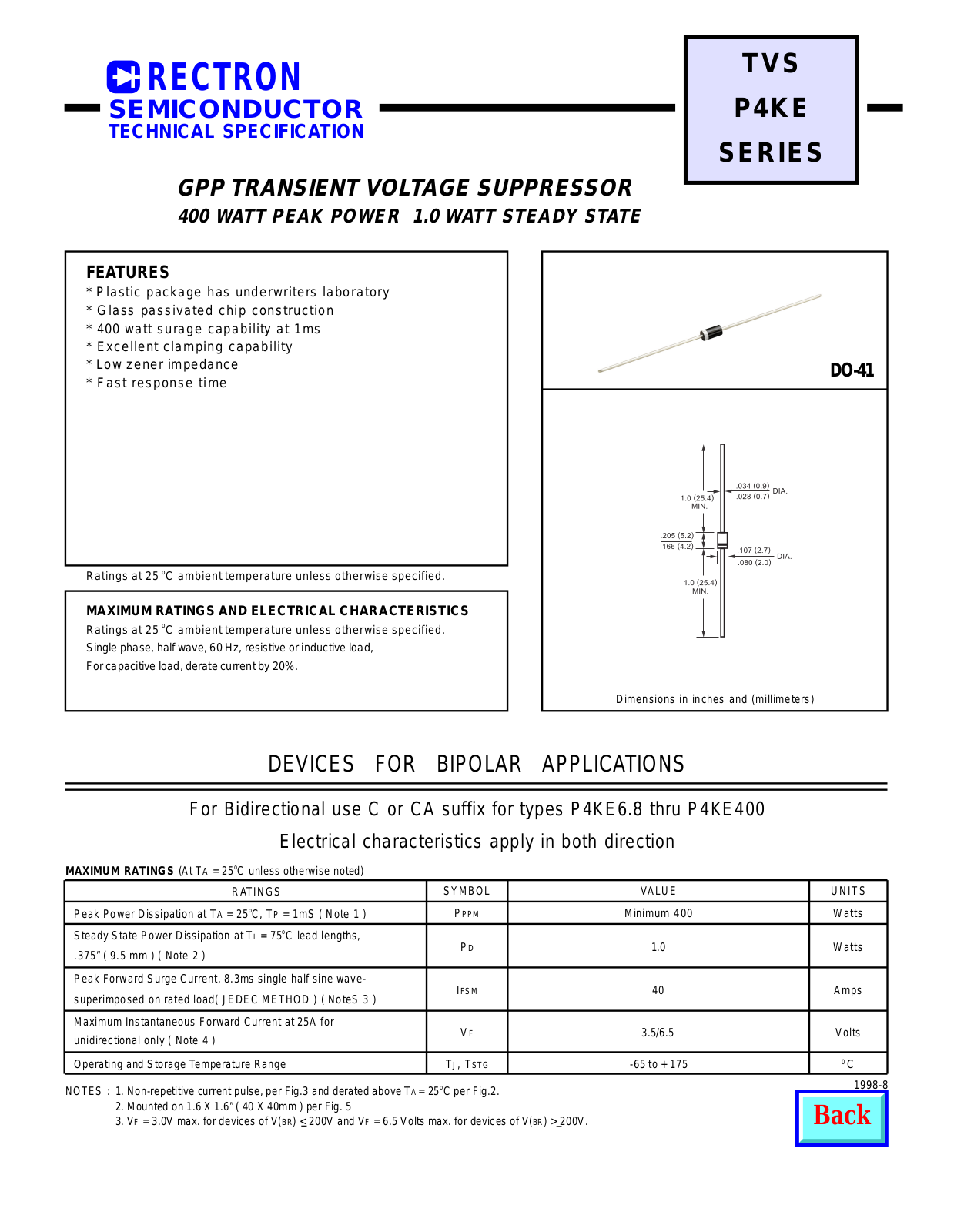 Datasheet P4KE10, P4KE110, P4KE120, P4KE12A, P4KE120A Datasheet (RECTRON) - ManualMachine.com