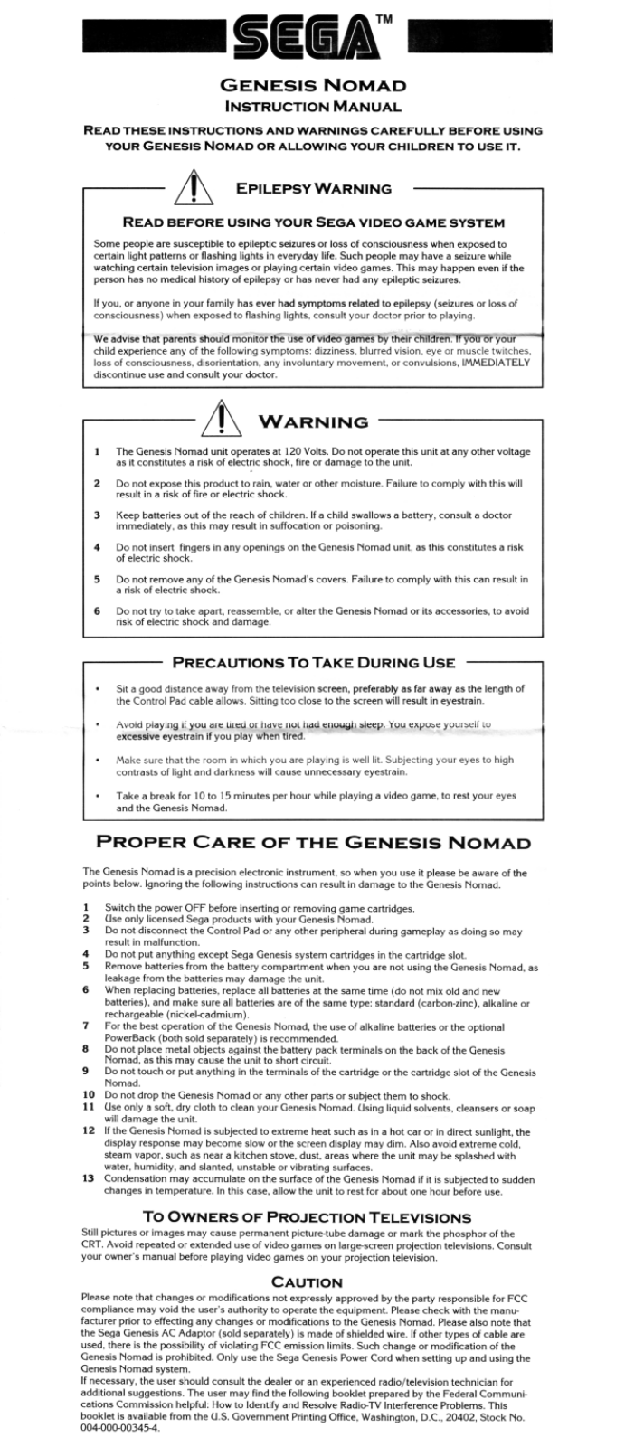 Sega Genesis Nomad Instruction Manual