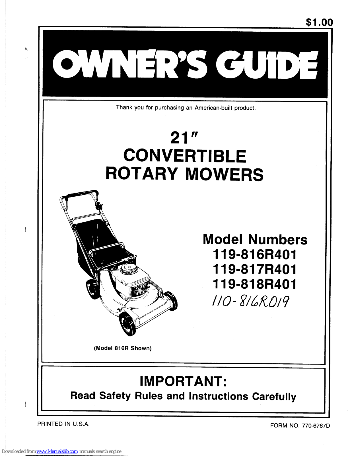 MTD 119-817R401, 119-818R401, 110-816R019, 816R, 817R Owner's Manual