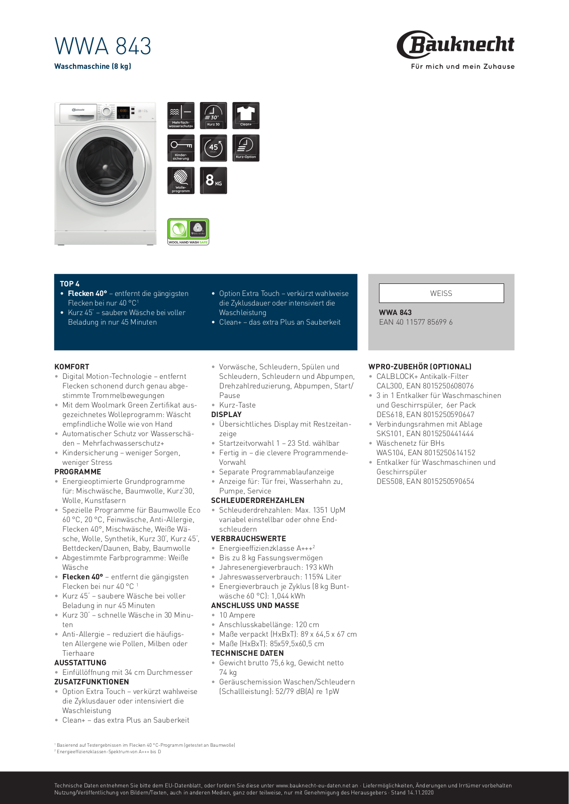 Bauknecht WWA 843 User Manual