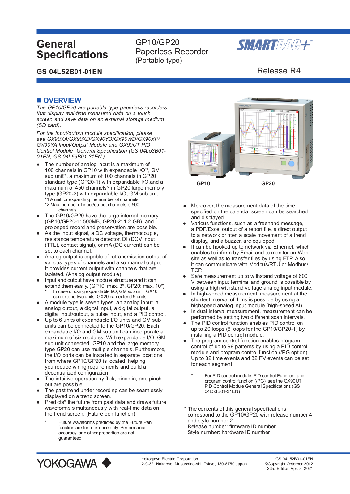 Yokogawa GP10, GP20 Specifications