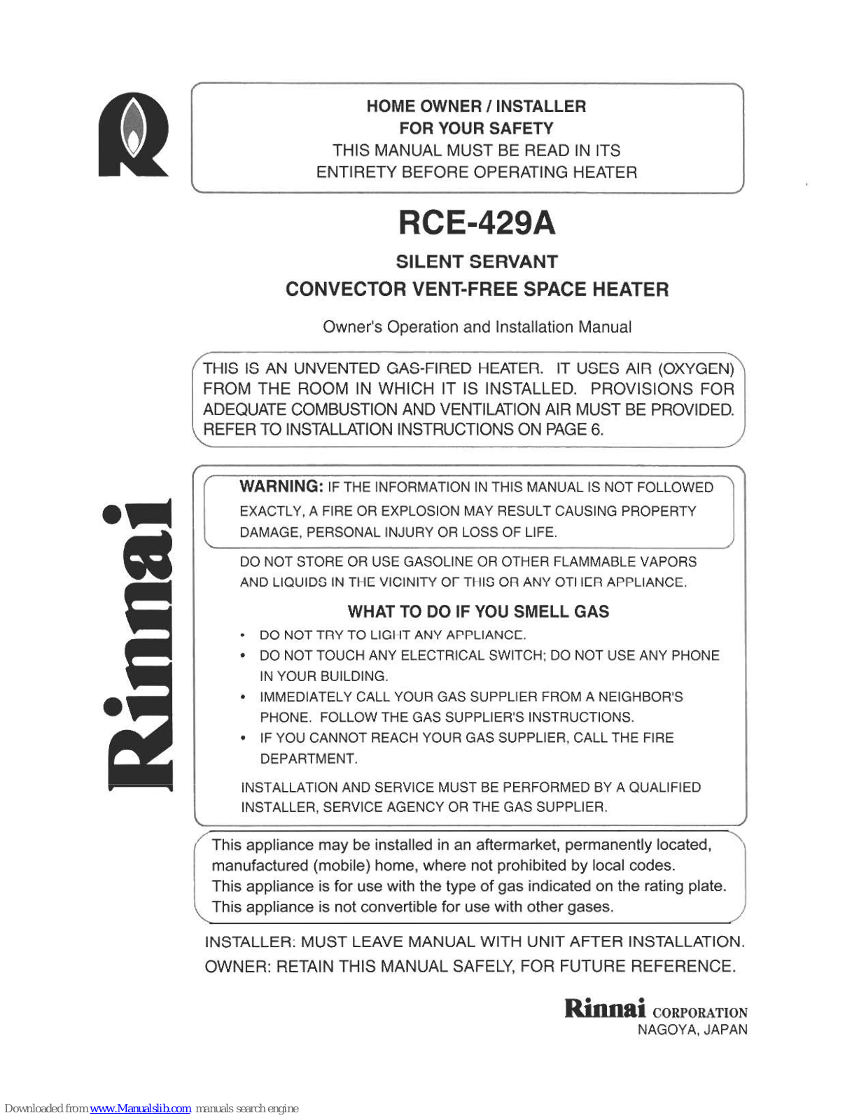 Rinnai RCE-429A Owner's Operation And Installation Manual