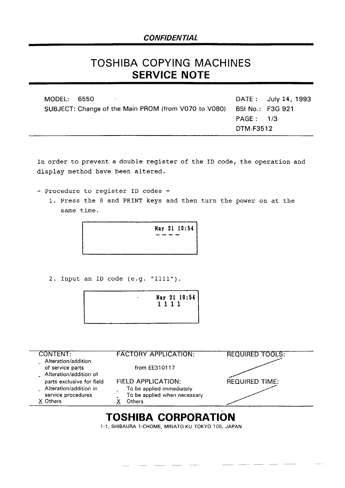 Toshiba f3g921 Service Note