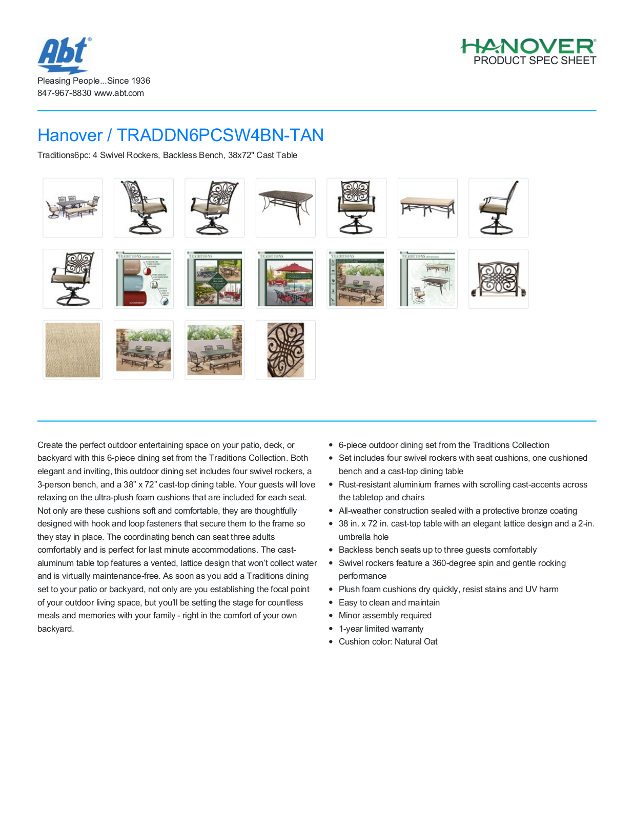 Hanover TRADDN6PCSW4BNTAN Product Specification Sheet