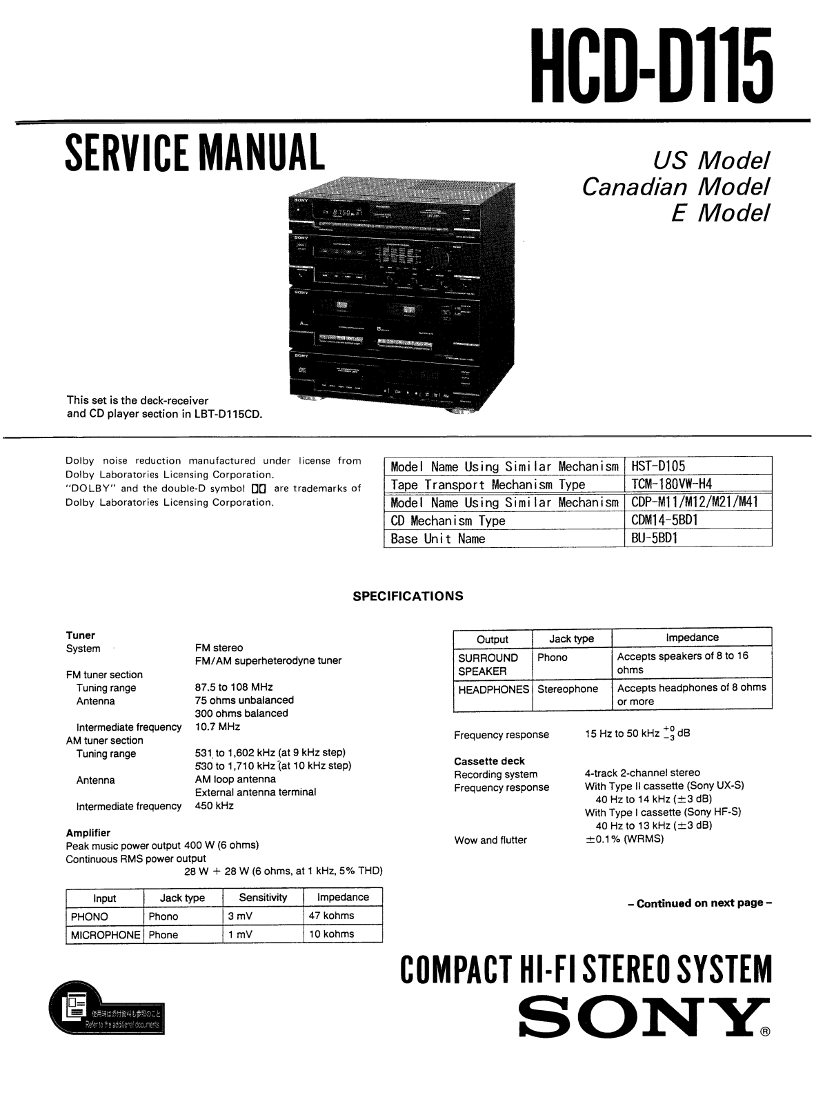 SONY HCD D115 Service Manual