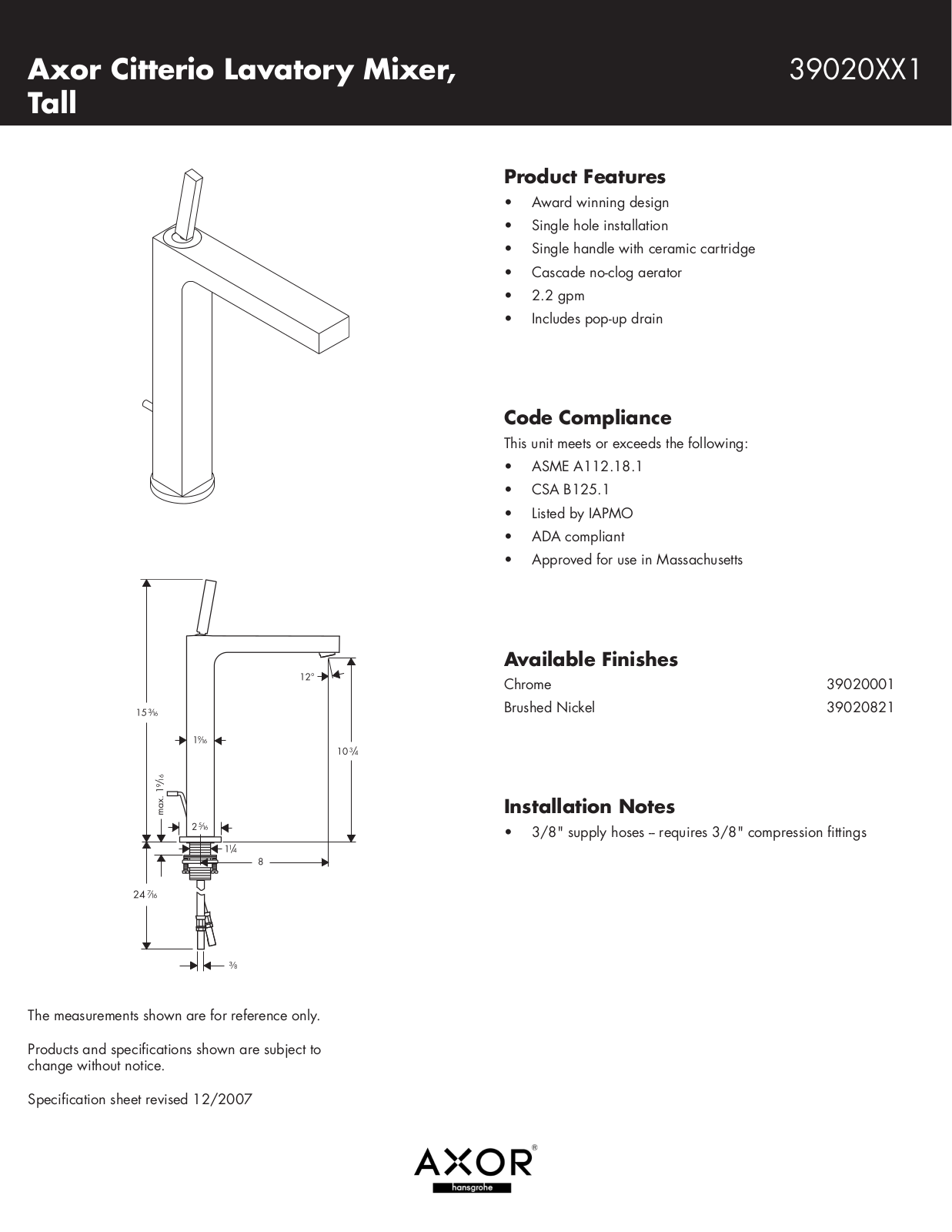 Hans Grohe 39020XX1 User Manual