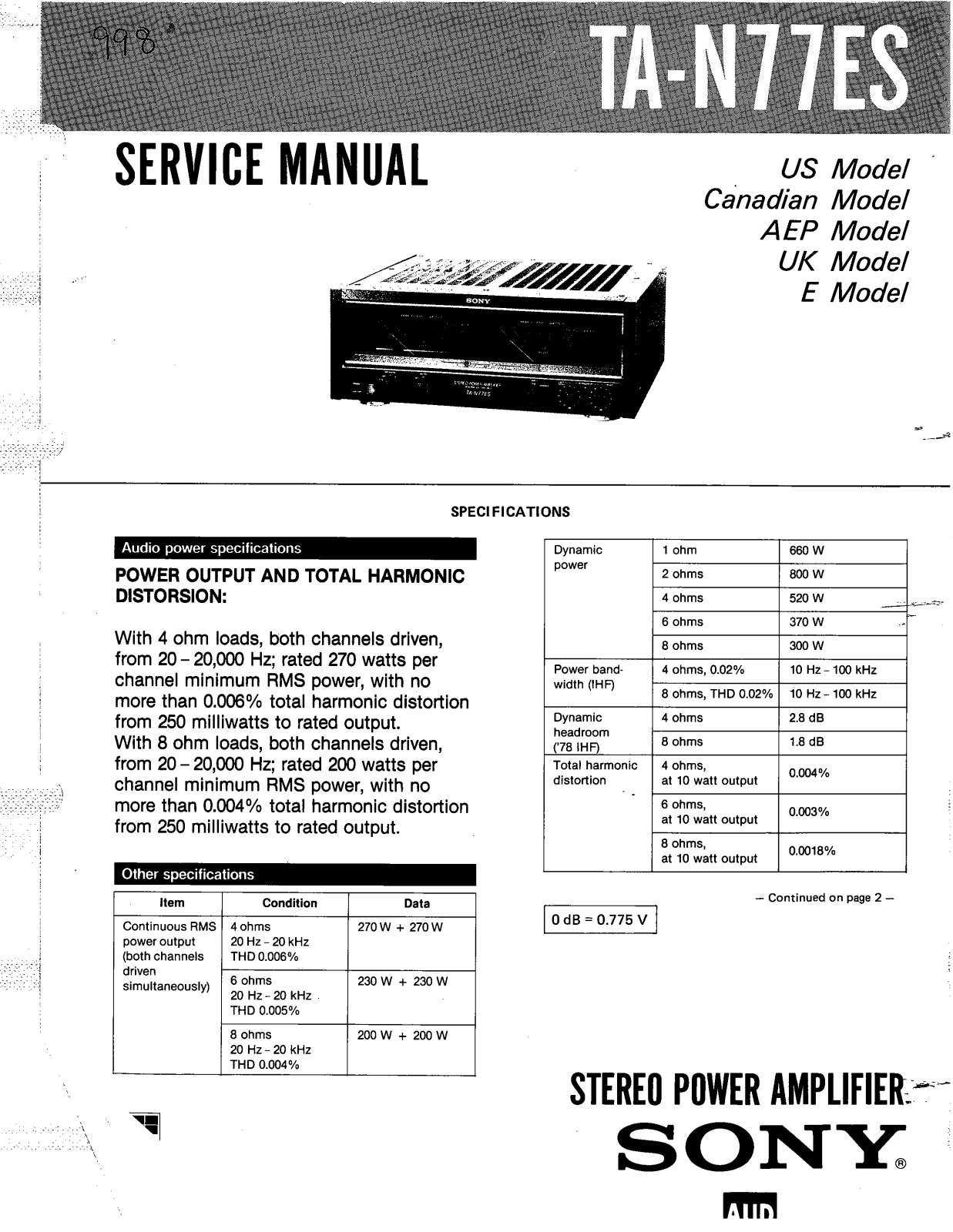 Sony TAN-77-ES Service manual