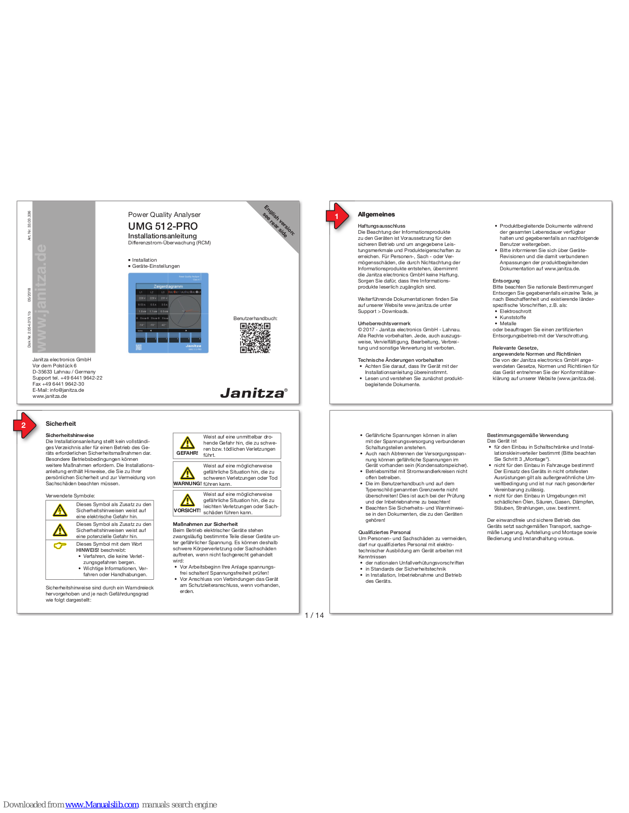 janitza UMG 512 PRO Installation Instructions Manual