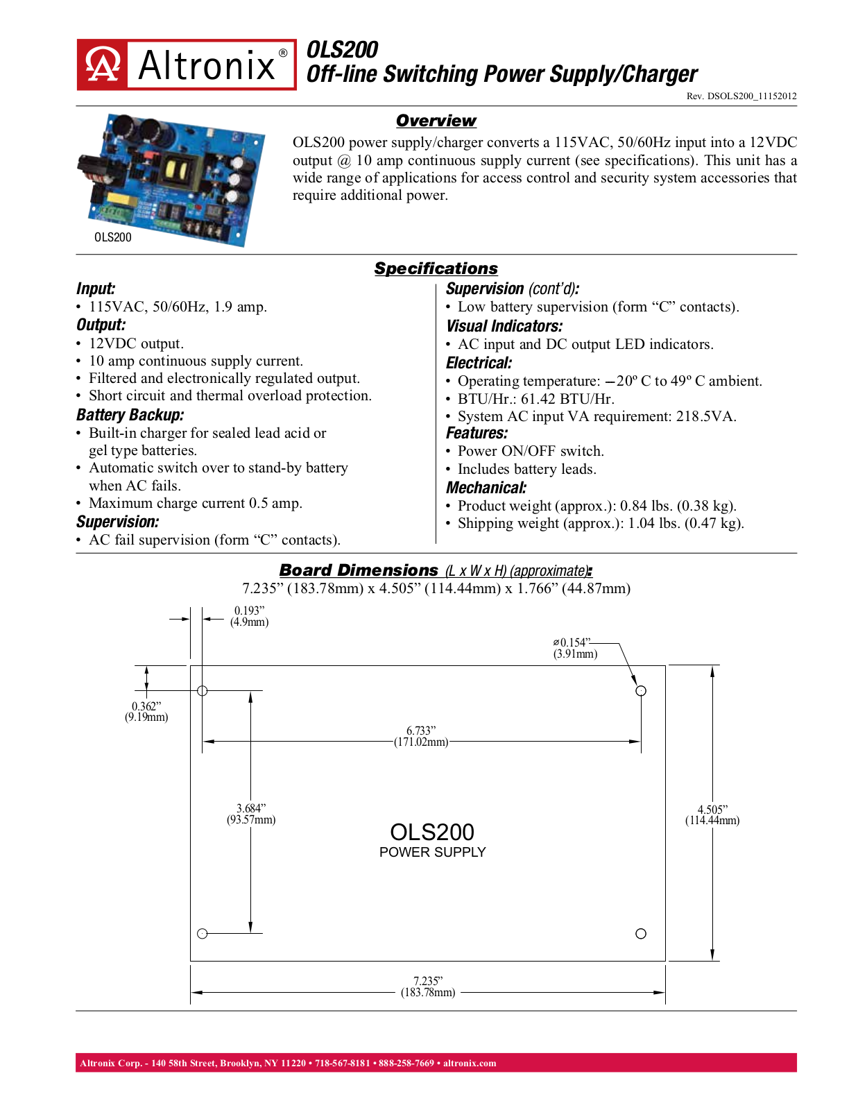 Altronix OLS200 Data Sheet