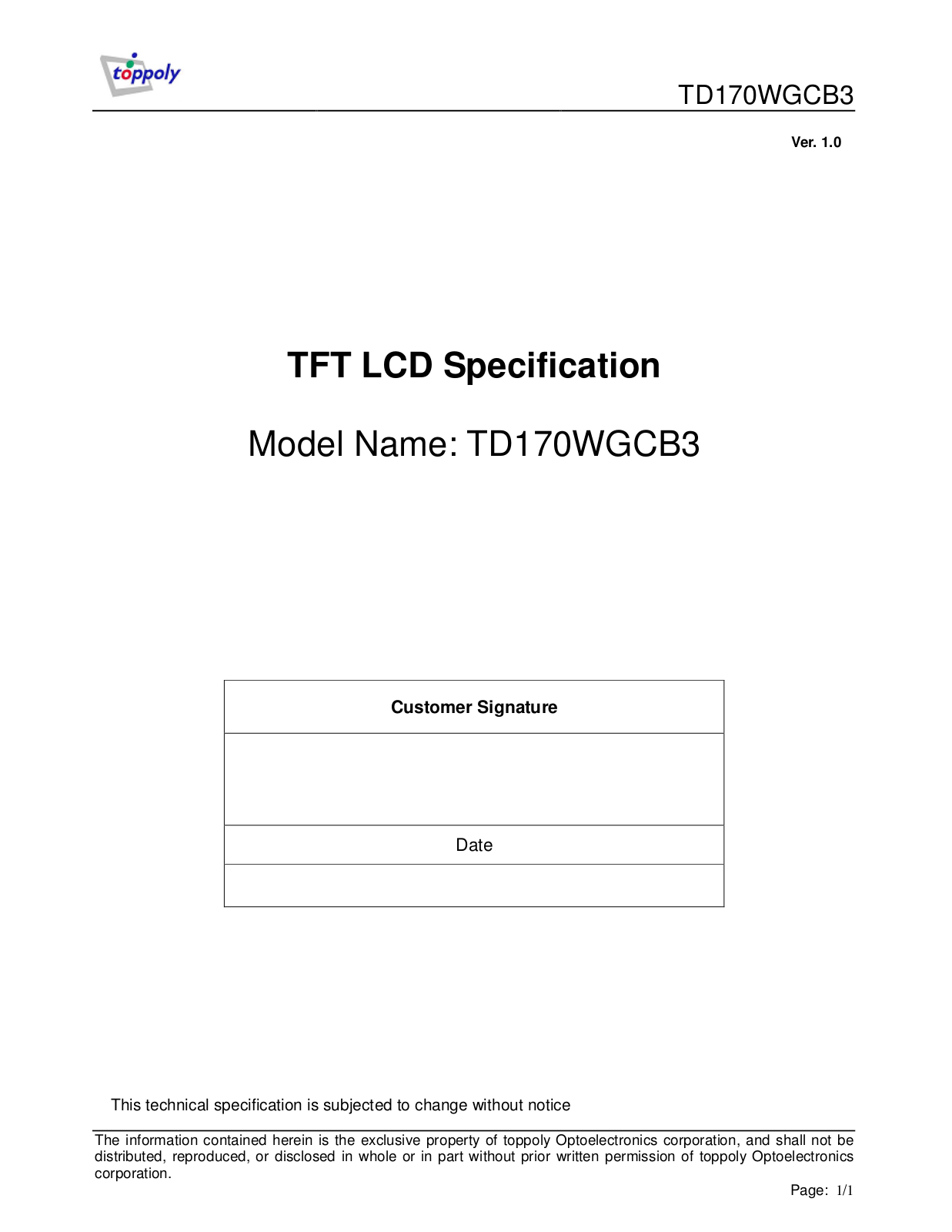 Toppoly TD170WGCB3 Specification