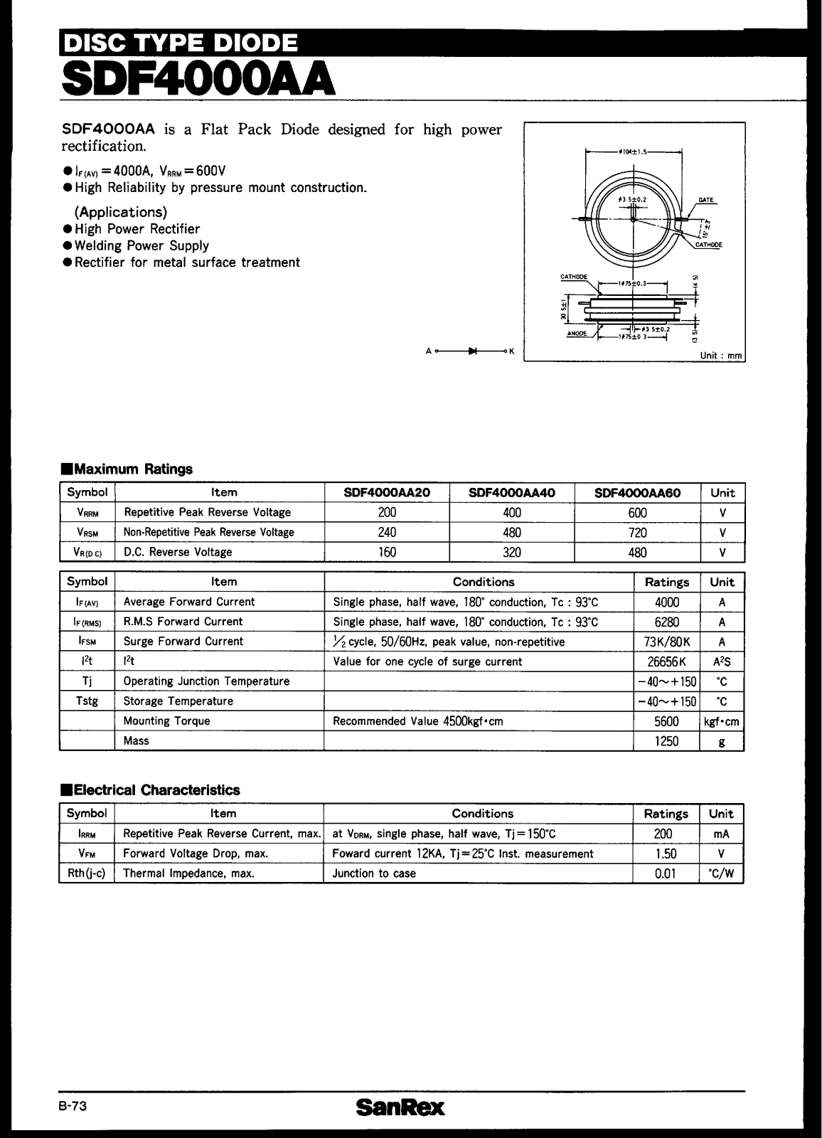 Sanrex-Sansha Electric Manufacturing SDF4000AA Data Sheet