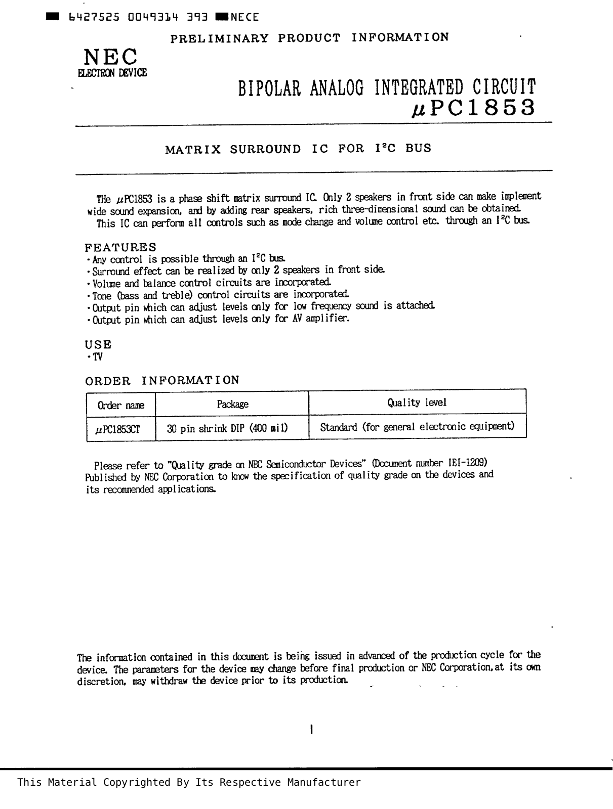 NEC UPC1853 DATA SHEET