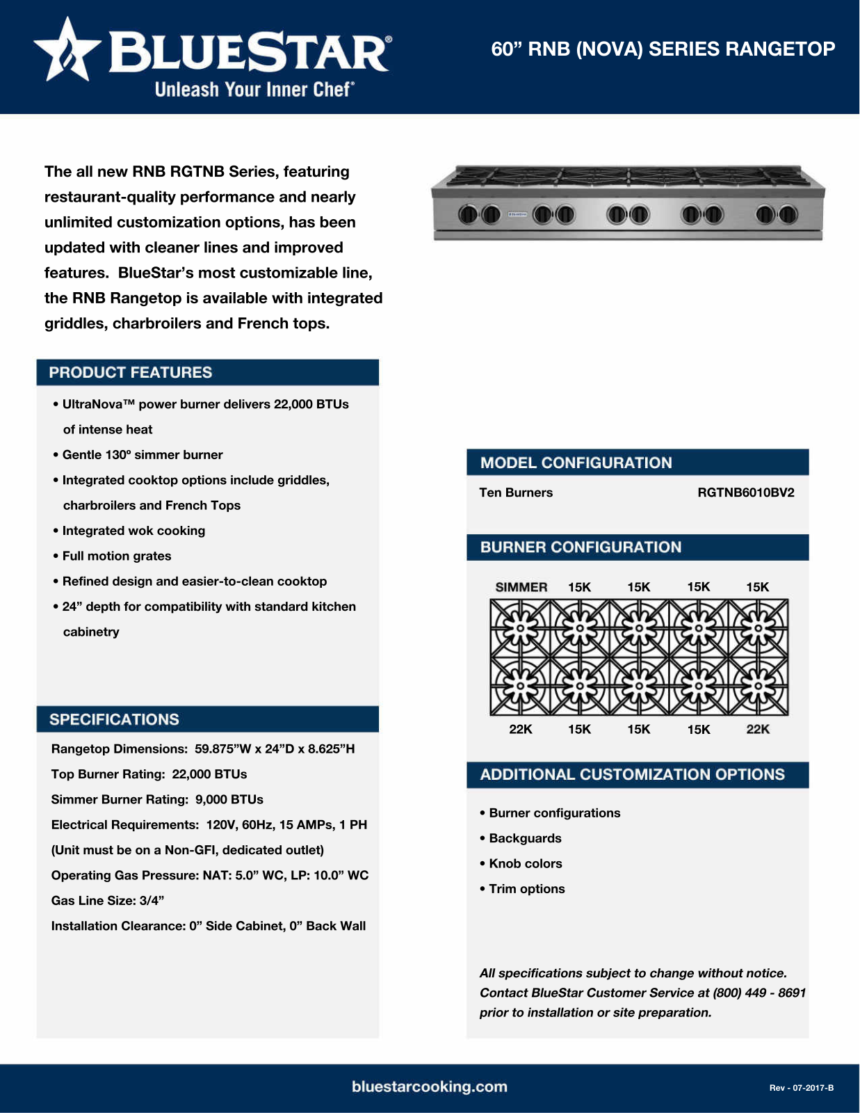 BlueStar RGTNB6010BV2L Specs