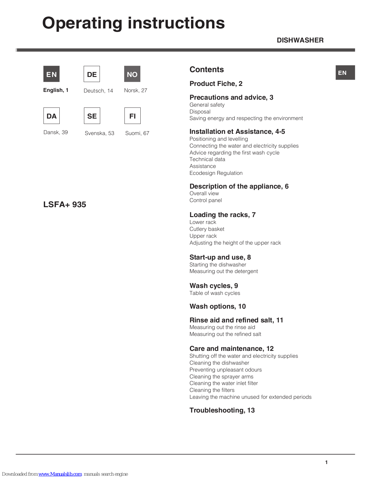 Hotpoint LSFA+ 935 Operating Instructions Manual