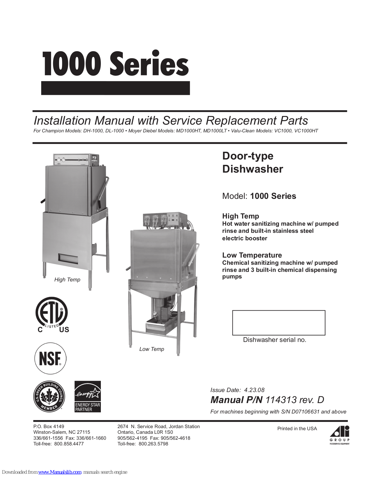 Champion DL-1000, Moyer Diebel MD1000HT, Moyer DiebelMD1000LT, Valu-Clean VC1000, Valu-CleanVC1000HT Installation Manual