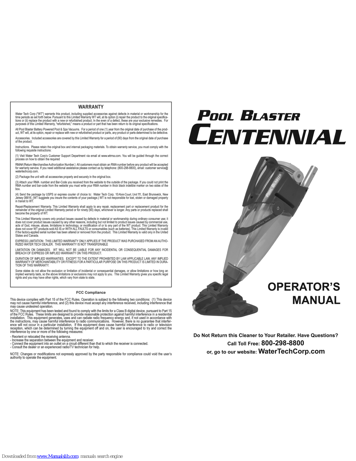 Water Tech Pool Blaster Centennial Operator's Manual