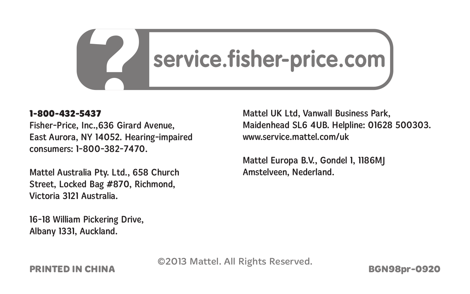 Fisher-Price BGN98, BJM40 Instruction Sheet