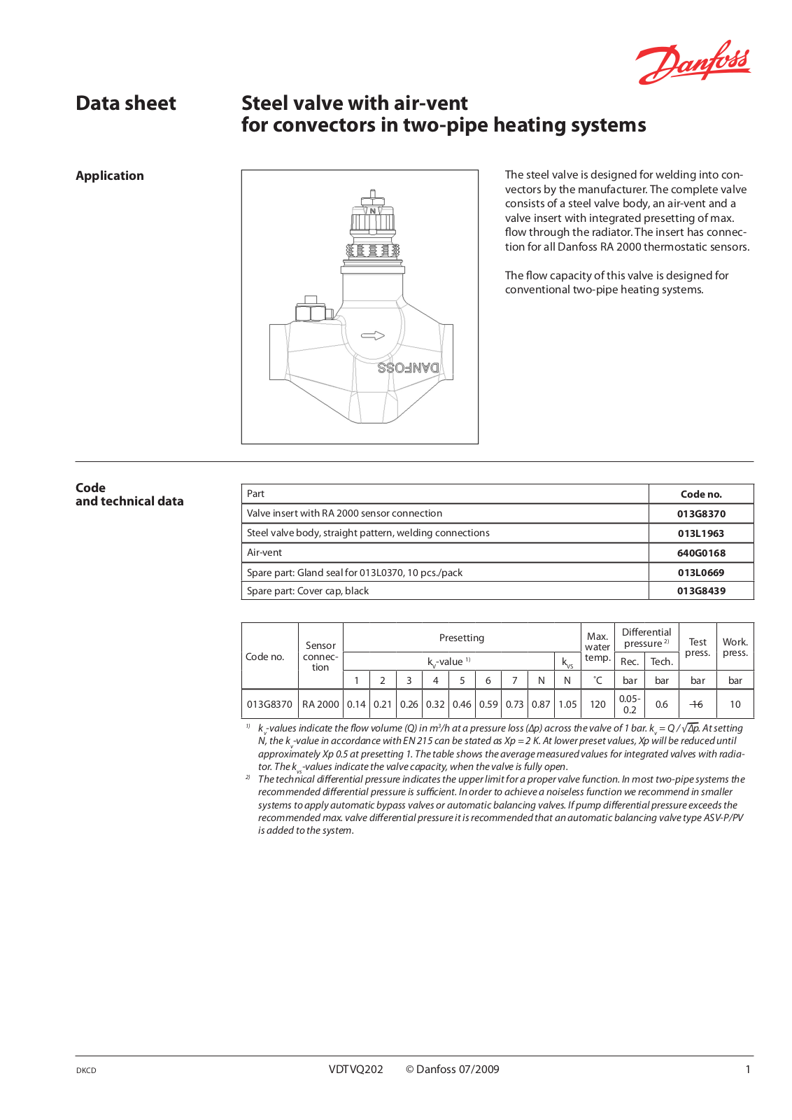 Danfoss Steel valve with air-vent for convectors in two-pipe heating systems Data sheet