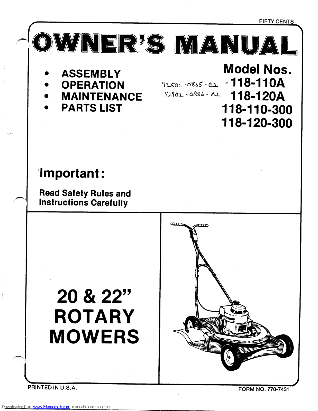 MTD 118-120A, 118-110A, 118-120-300 Owner's Manual