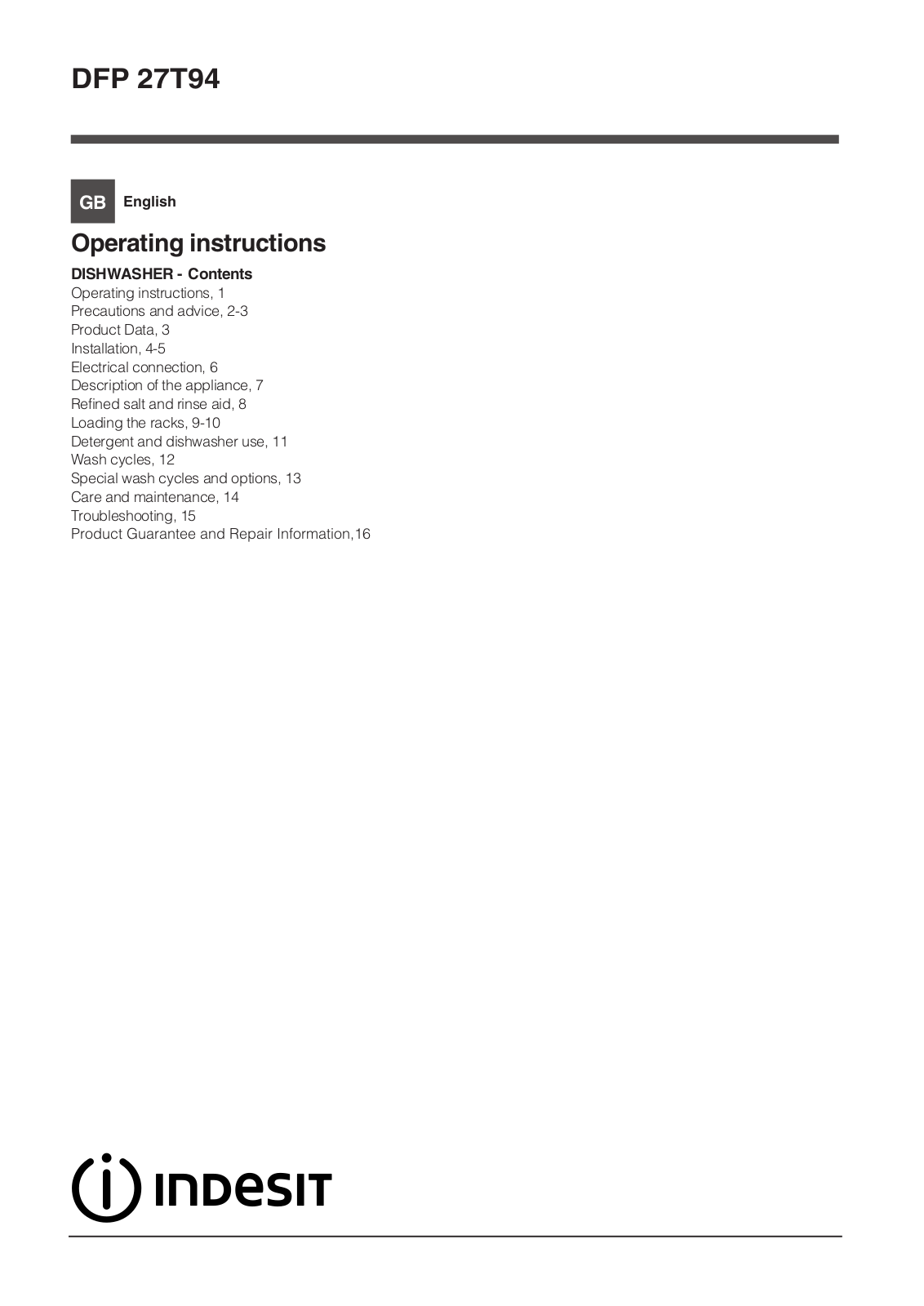 Indesit DFP 27T94 Instruction booklet