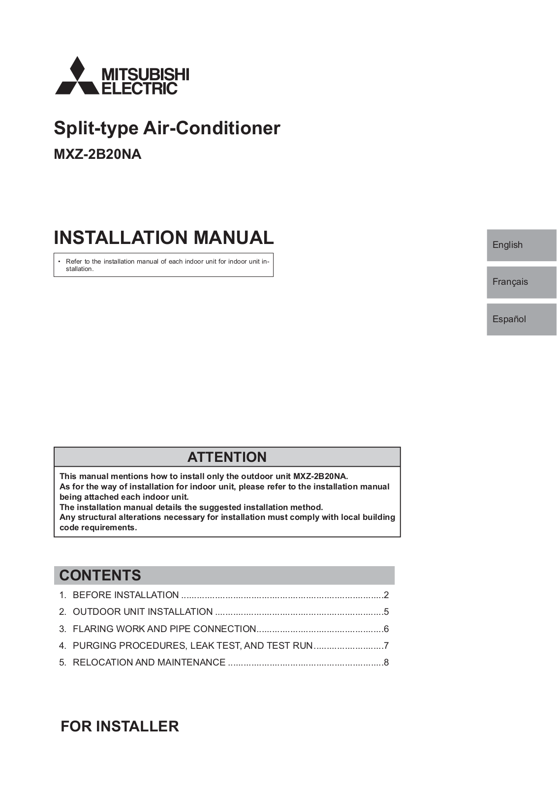 Mitsubishi Electronics MXZ-2B20NA User Manual