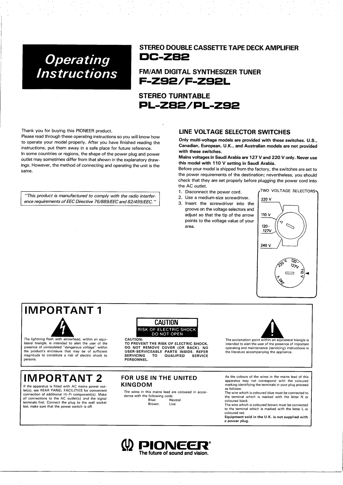 Pioneer FZ-92, FZ-92-L, PLZ-82, PLZ-92, DCZ-82 Owners manual