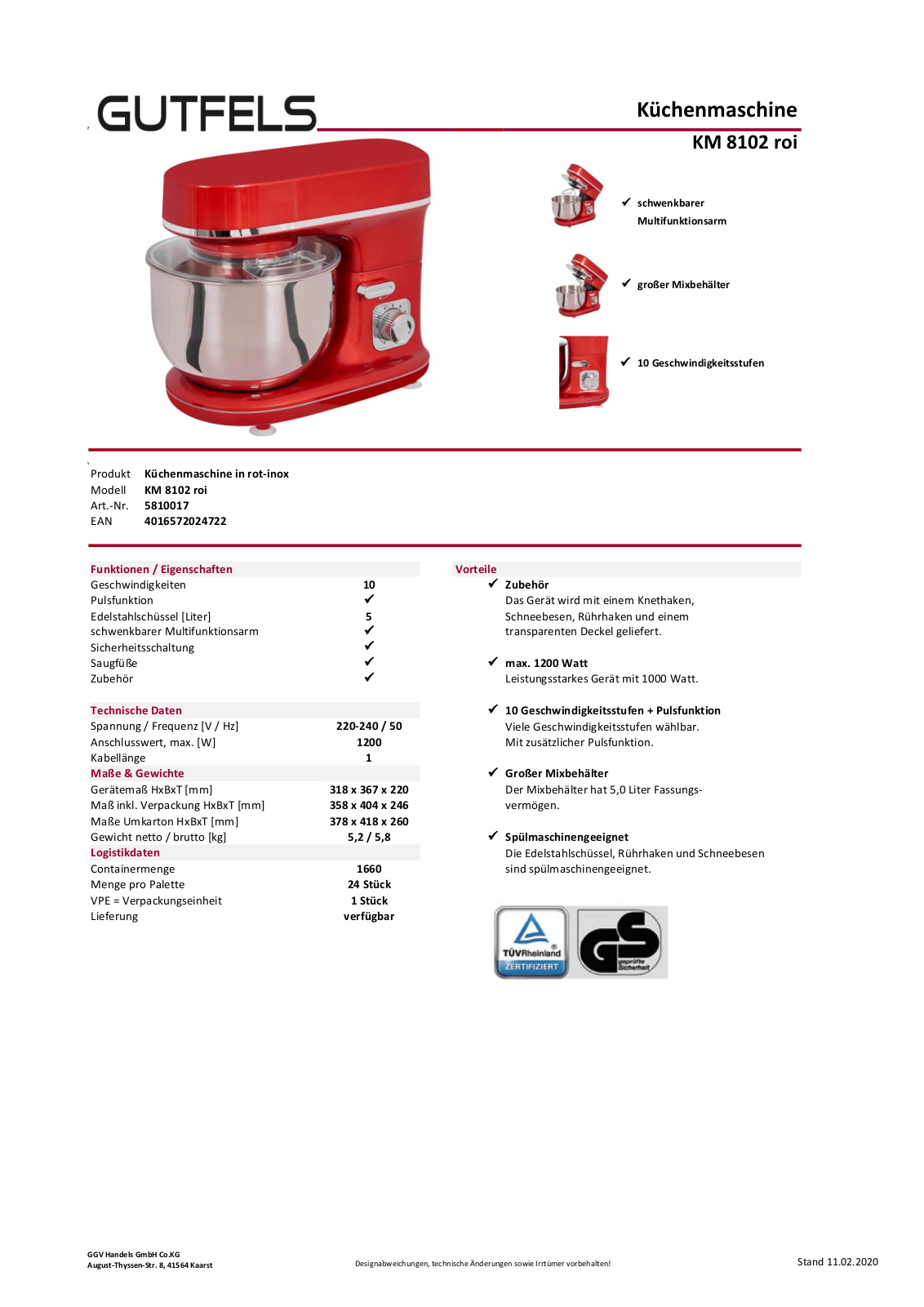 Gutfels KM 8102 roi Technical data