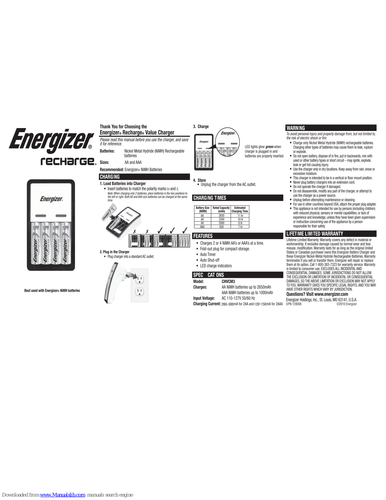 Energizer Recharge CHVCM3 Quick Manual