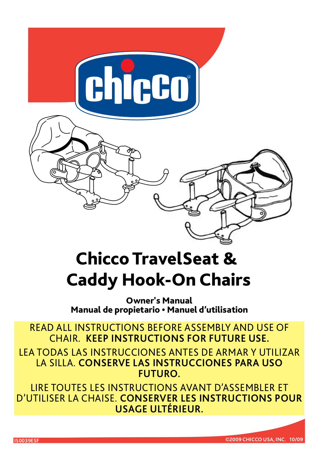 Chicco Caddy Hook On, TravelSeat Hook On Owner's Manual