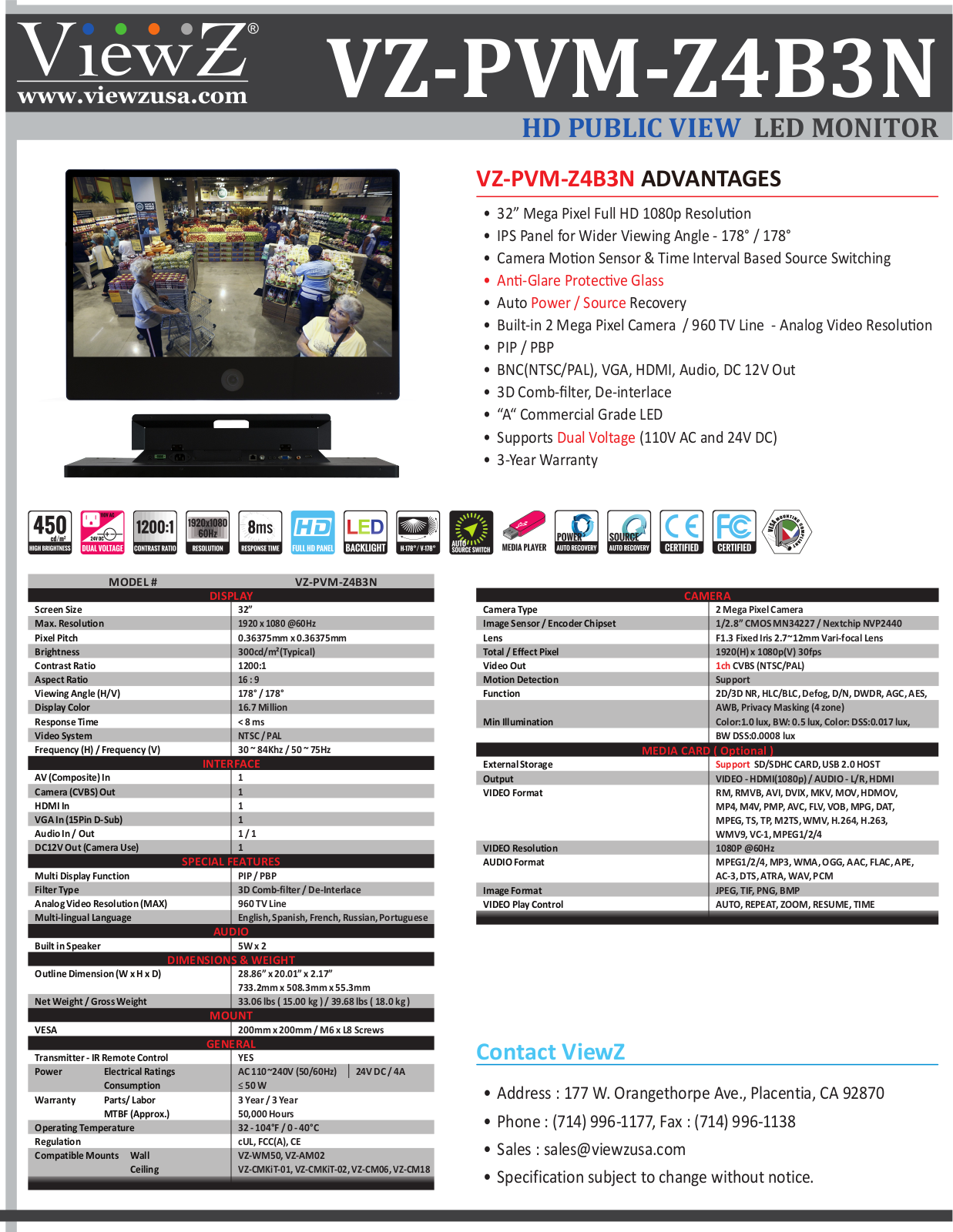 ViewZ VZ-PVM-Z4B3N Specsheet