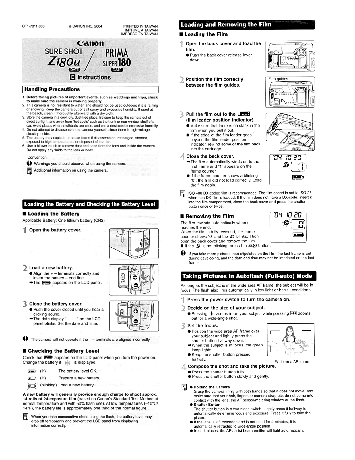 Canon Sure Shot Z180u Kit, Sure Shot Z180u, Prima Super 180 Owner's Manual