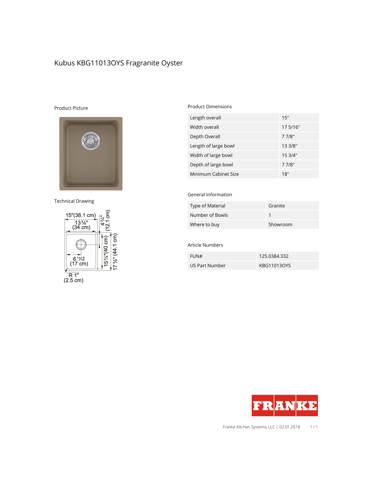 Franke KBG11013OYS Specs